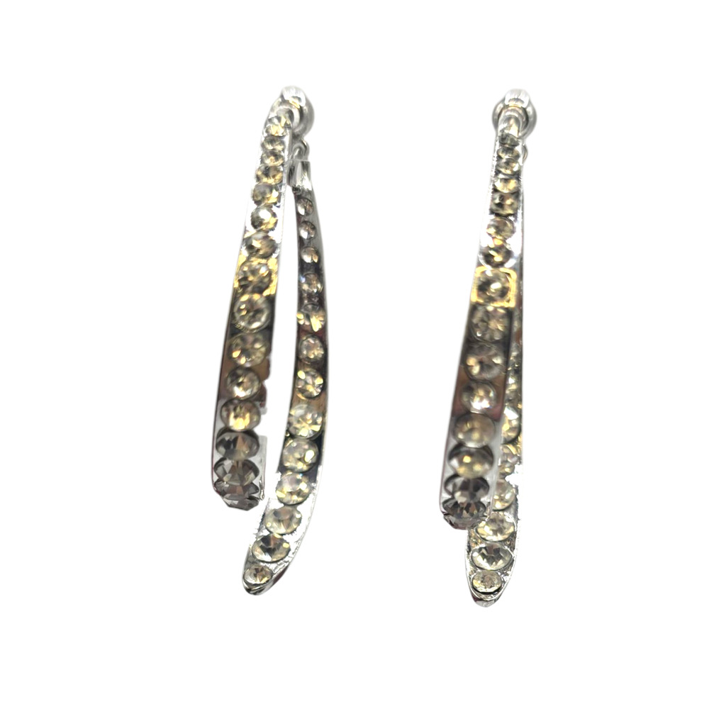 Earrings Silver Tone Clear Rhinestone Hoop Curved Open Design Fashion SKU2409 - Picture 2 of 6